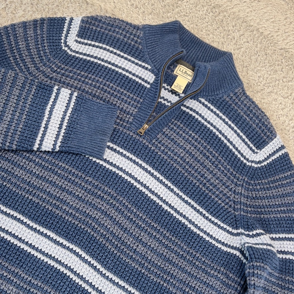 LL Bean Waffle Sweater Mens XL Quarter Zip Blue Striped Organic Cotton Pullover